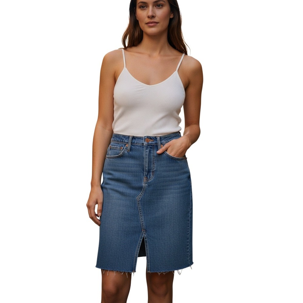 Madewell Blue Denim Mini Skirt‎ 25 High Rise Raw Hem Front Slit Rigid Jean
